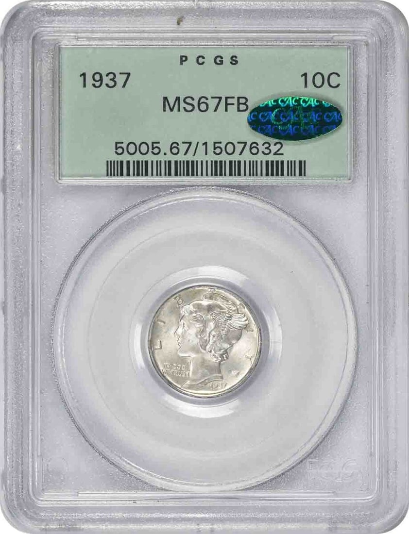 1937 Mercury Dime MS67FB PCGS OGH 90% Silver Uncirculated: 1937 Mercury Dime MS67FB PCGS OGH 90% Silver Uncirculated This 1937 Mercury Silver Dime is a stunning example of numismatic craftsmanship, graded MS67FB by PCGS, ensuring its exceptional quality. The 