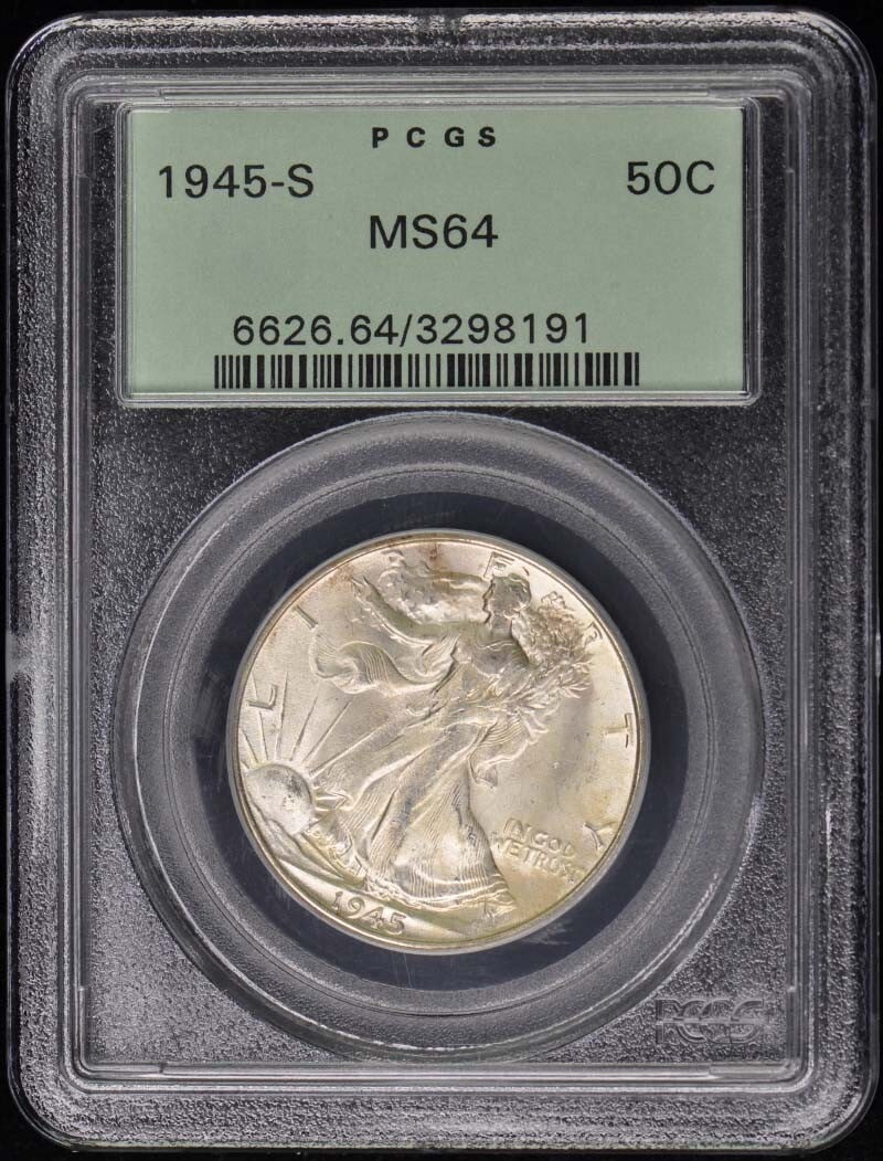 1945-S Walking Liberty Half Dollar PCGS MS64 Certified Coin: 1945-S Walking Liberty Half Dollar PCGS MS64 Certified Coin This 1945-S Walking Liberty Half Dollar showcases exceptional quality with a PCGS certification grade of MS64, indicating it is uncirculated