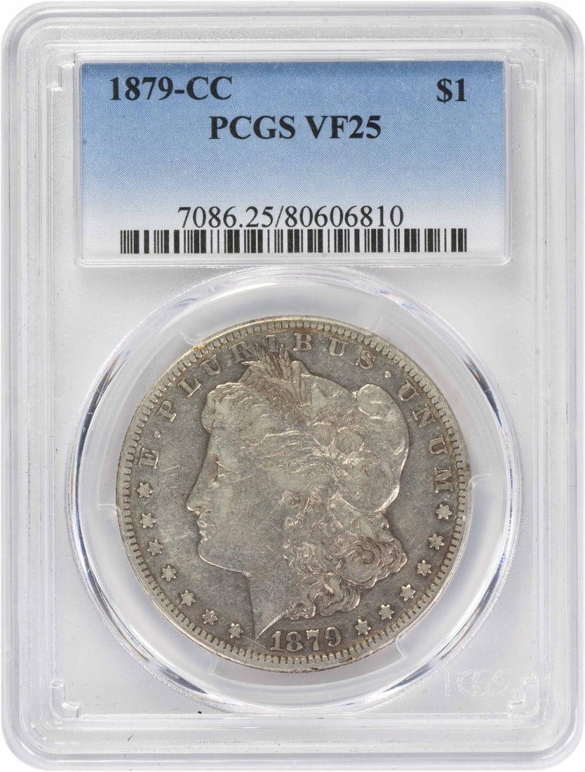 PCGS VF25 Carson City 1879 Morgan Dollar 90 Percent Silver Coin: PCGS VF25 Carson City 1879 Morgan Dollar 90 Percent Silver Coin This 1879-CC Morgan Silver Dollar is certified by PCGS and graded VF25. Minted in Carson City, it features a composition of 90% silver a