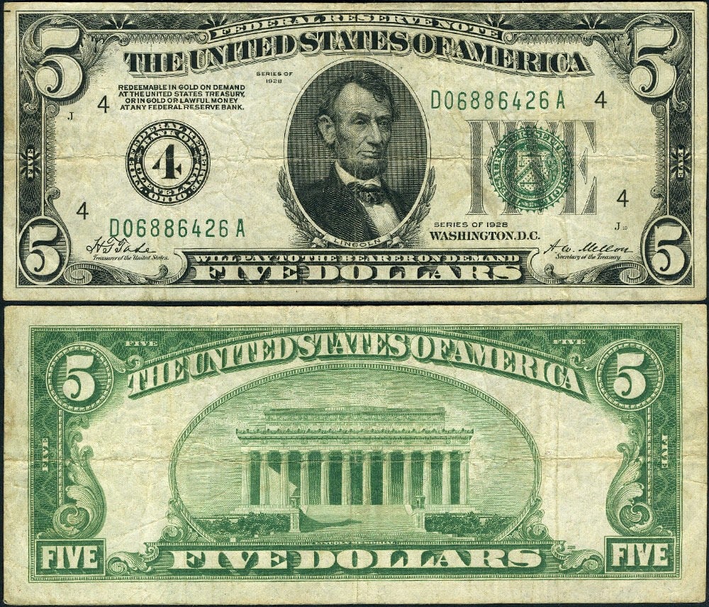 1928 $5 Federal Reserve Note Cleveland D-A Block VF FR 1950 D: 1928 $5 Federal Reserve Note Cleveland D-A Block VF FR 1950 D This is a 1928 $5 Federal Reserve Note from the Cleveland district, D-A block, designated as FR. 1950 D. The note is circulated and graded