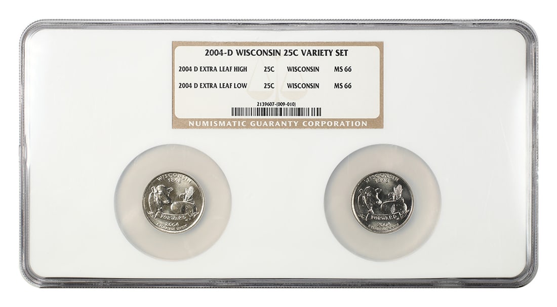 Wisconsin 2004-D Quarter Variety Pair NGC MS66 Extra Leaf High and Low: Wisconsin 2004-D Quarter Variety Pair NGC MS66 Extra Leaf High and Low This is a 2004-D Wisconsin Variety Set featuring two uncirculated Washington 50 States Quarters, each graded MS66 by NGC. The set