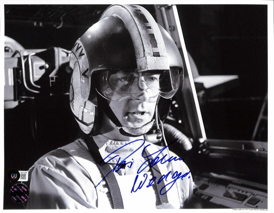11x14 Denis Lawson Autographed Star Wars Wedge Photo Beckett Certified: 11x14 Denis Lawson Autographed Star Wars Wedge Photo Beckett Certified This is an original 11x14 black and white photograph signed by Denis Lawson, who portrayed Wedge in Star Wars: A New Hope. The au