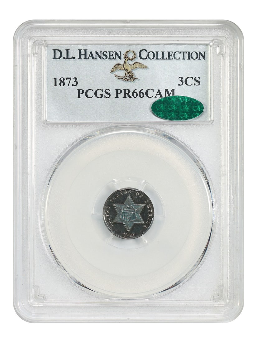 1873 Three Cent Silver Proof PR66CAM PCGS CAC Ex D L Hansen: 1873 Three Cent Silver Proof PR66CAM PCGS CAC Ex D L Hansen This 1873 Three Cent Silver coin is graded PR66CAM by PCGS and carries the CAC seal for added quality assurance. It represents the final yea