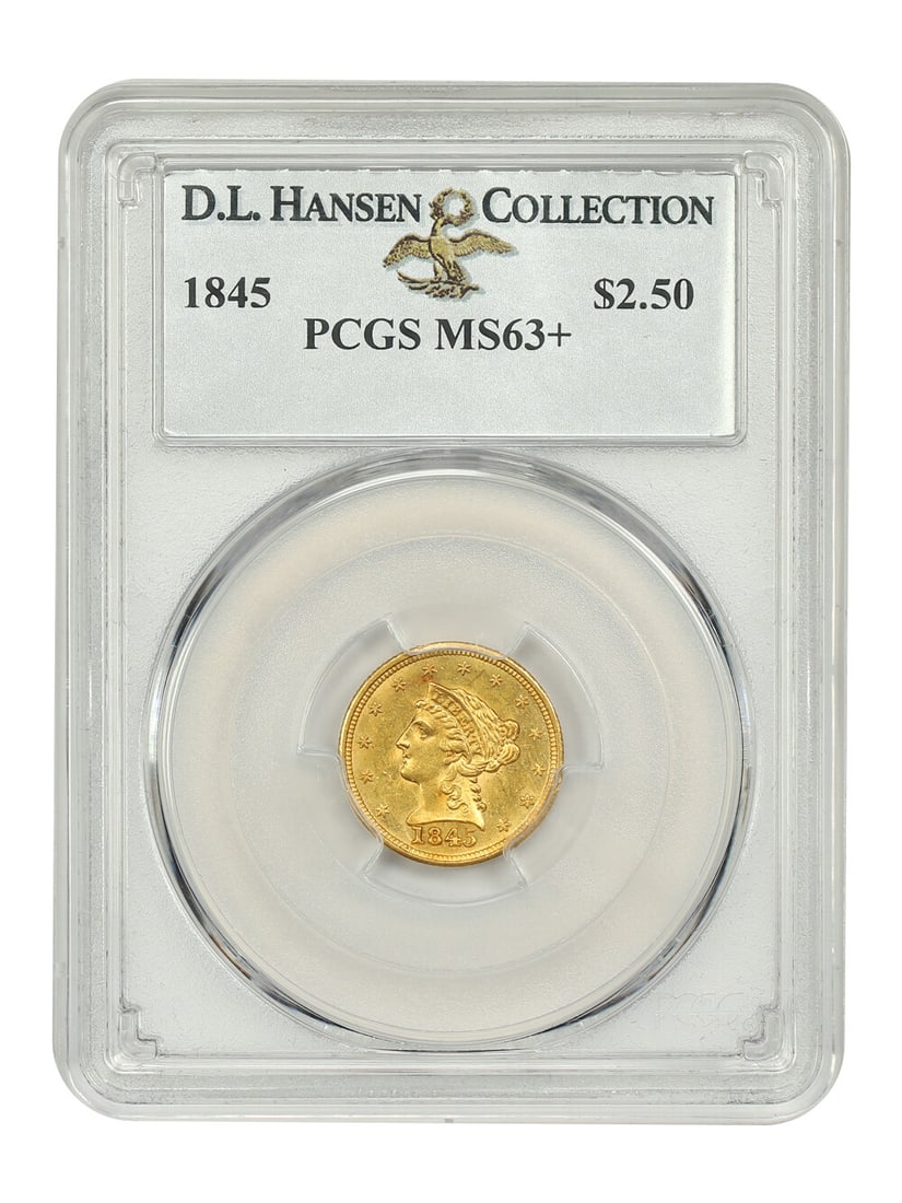 1845 Liberty Head $2.50 PCGS MS63+ Gold Coin: 1845 Liberty Head $2.50 PCGS MS63+ Gold Coin This 1845 Liberty Head $2.50 coin is graded PCGS MS63+, showcasing its uncirculated condition. With a low mintage of only 91,051 coins, it stands out as a 