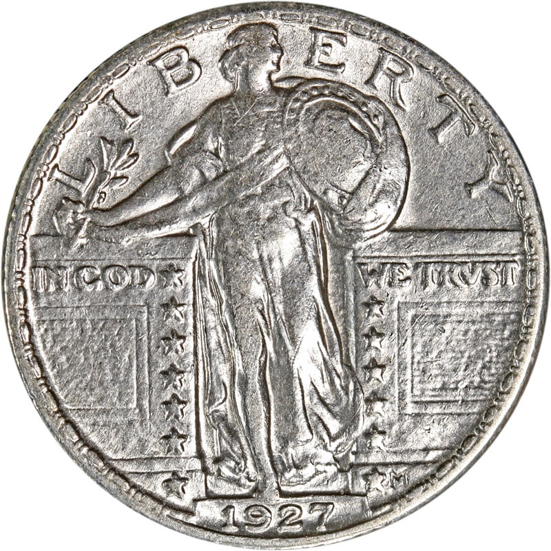 1927 Silver Standing Liberty Quarter Philadelphia Mint Coin: 1927 Silver Standing Liberty Quarter Philadelphia Mint Coin This is a 1927-P Standing Liberty Quarter, minted in Philadelphia. The coin is composed of silver and is in circulated, pre-owned condition.
