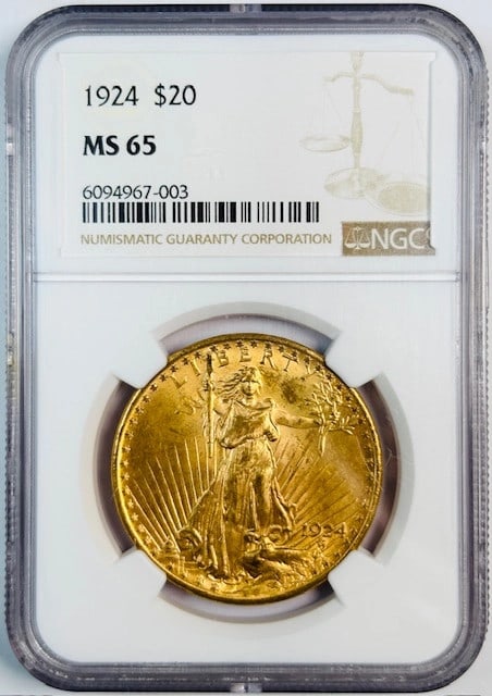 NGC MS 65 Saint Gaudens 1924 $20 Gold Double Eagle Coin (1 of 2)