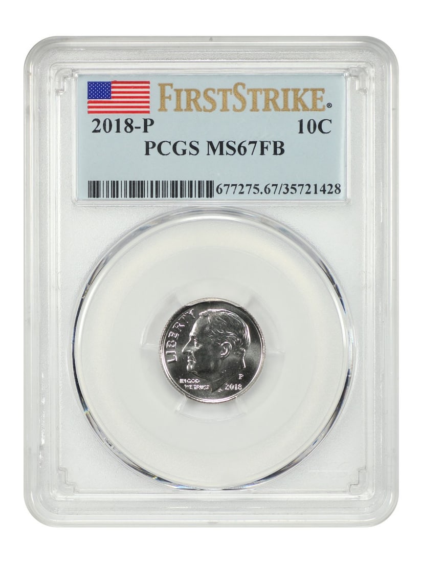 PCGS MS67FB 2018 Philadelphia Roosevelt Dime First Strike 10C: PCGS MS67FB 2018 Philadelphia Roosevelt Dime First Strike 10C This is a 2018-P Roosevelt Dime graded MS67FB (Full Bands) by PCGS with First Strike designation. The coin is uncirculated and was minted 