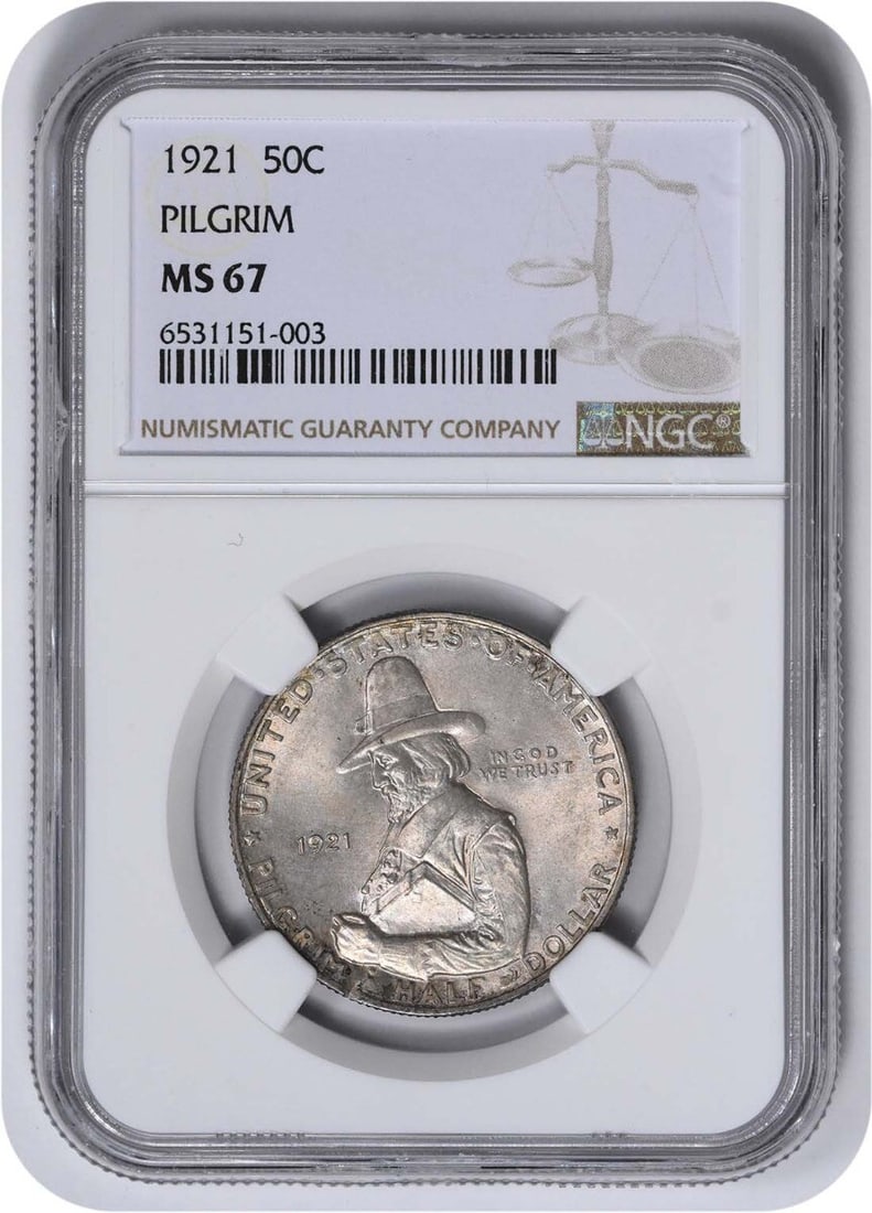 1921 Silver Half Dollar MS67 NGC Commemorative Pilgrim Issue: 1921 Silver Half Dollar MS67 NGC Commemorative Pilgrim Issue This is a 1921 Pilgrim commemorative half dollar coin from the United States, graded MS67 by NGC. The coin is composed of silver, is uncirc