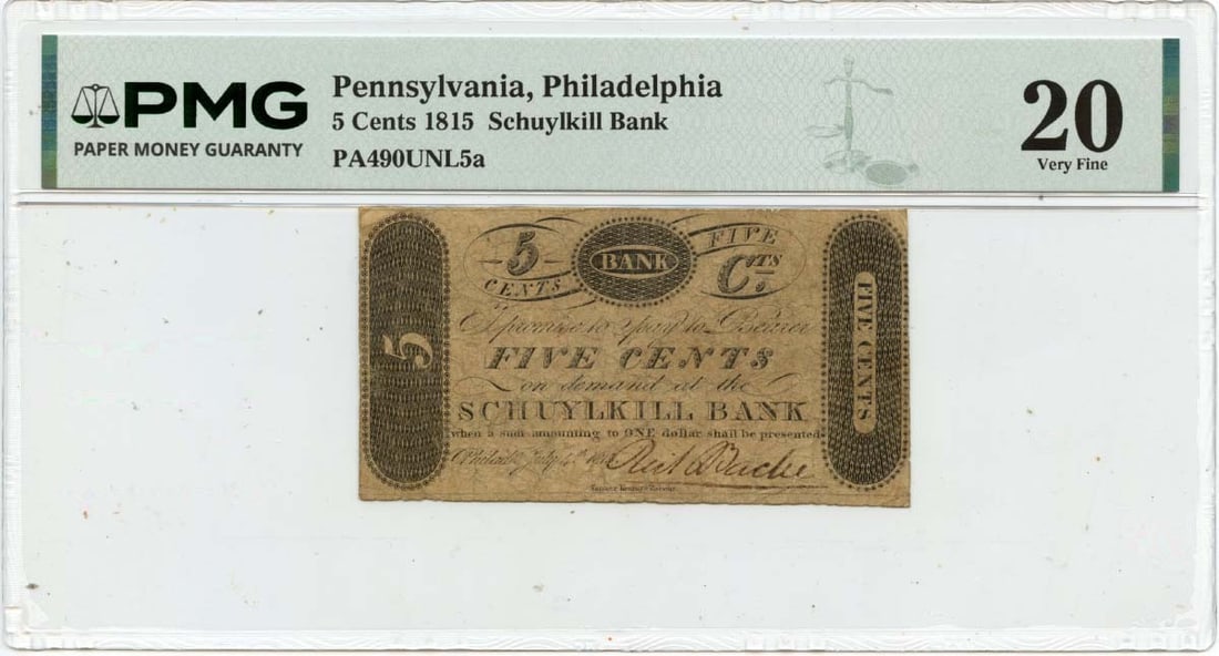 Schuylkill Bank 1815 Philadelphia Five Cent Obsolete Currency PMG VF20 (1 of 2)