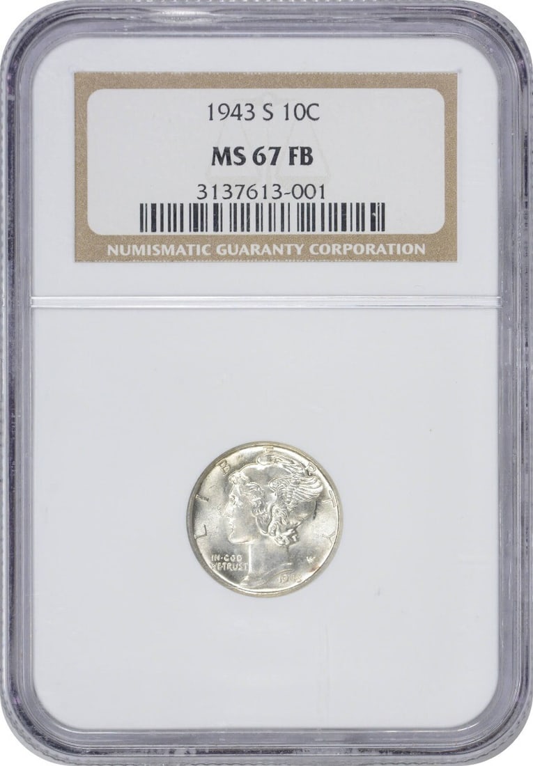 1943-S Mercury Dime MS67FB NGC Uncirculated Silver Coin: 1943-S Mercury Dime MS67FB NGC Uncirculated Silver Coin This 1943-S Mercury Silver Dime is a stunning example of numismatic excellence, graded MS67FB by NGC. It features exquisite craftsmanship by des