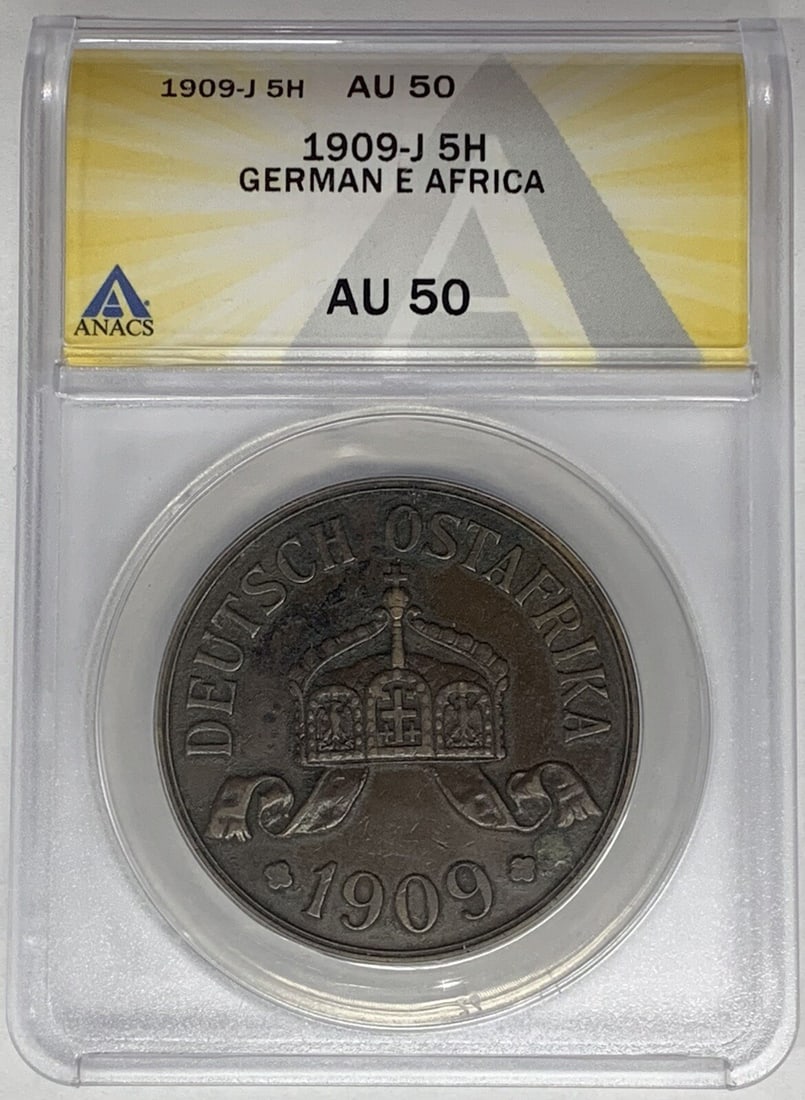 1909-J 5 Heller German East Africa Copper Coin ANACS AU 50 Certified (1 of 2)