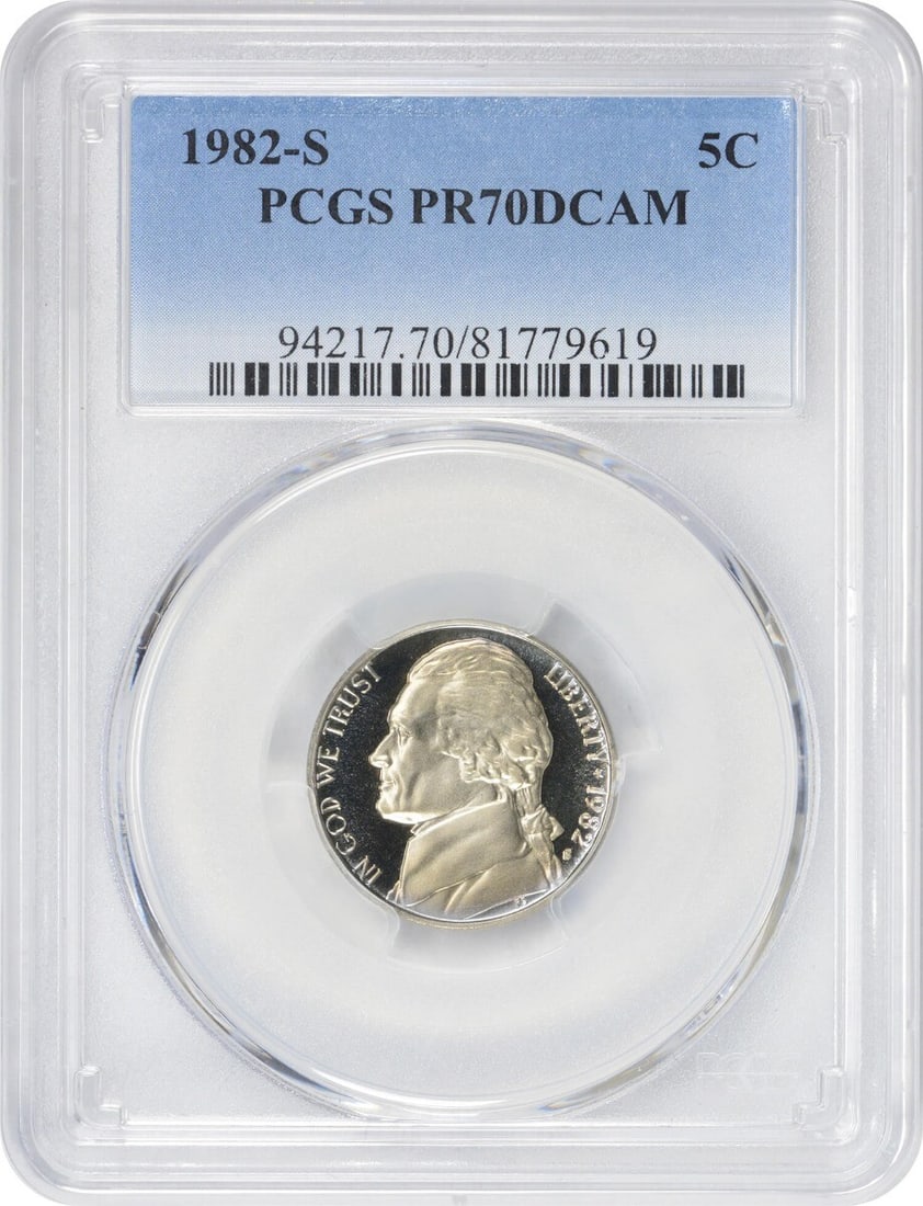 1982-S Jefferson Nickel PR70DCAM PCGS Uncirculated San Francisco Mint: 1982-S Jefferson Nickel PR70DCAM PCGS Uncirculated San Francisco Mint This 1982-S Jefferson Nickel is a stunning example of numismatic artistry, graded PR70DCAM by PCGS, representing the pinnacle of p