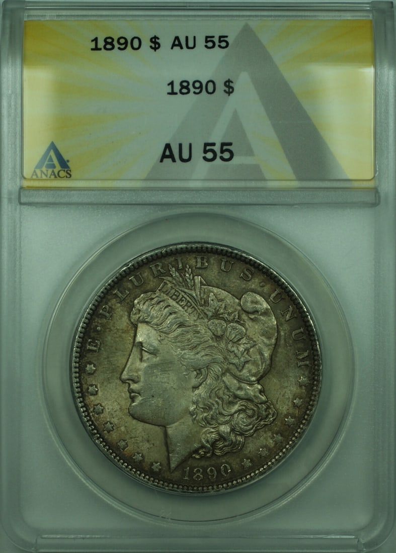 ANACS AU-55 1890 $1 Morgan Silver Dollar Toned Philadelphia Mint: ANACS AU-55 1890 $1 Morgan Silver Dollar Toned Philadelphia Mint This is an 1890 Morgan Silver Dollar $1 coin from the United States, featuring a silver composition with a fineness of 0.9. The coin wa