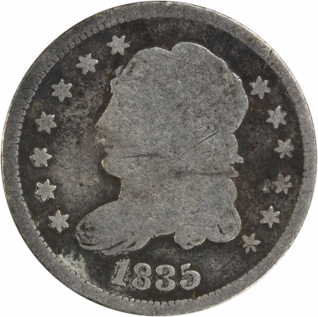 1835 Capped Bust Half Dime Uncertified Silver Coin #952: 1835 Capped Bust Half Dime Uncertified Silver Coin #952 This 1835 Bust Silver Half Dime features a classic Capped Bust design by renowned designer William Kneass. Struck at the Philadelphia mint, this