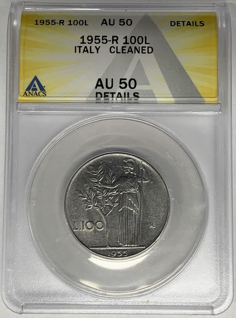 Italy 100 Lire 1955-R ANACS AU 50 Certified Coin Cleaned: Italy 100 Lire 1955-R ANACS AU 50 Certified Coin Cleaned This is a 1955-R Italy 100 Lire coin, graded AU 50 by ANACS. The coin has been cleaned and is in pre-owned condition. Specifications Country of