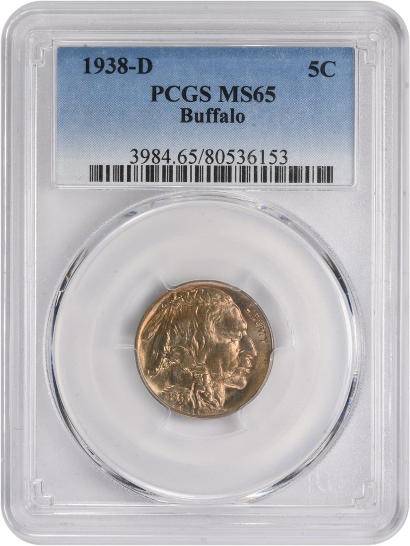 PCGS MS65 Graded 1938-D United States Buffalo Five Cent Coin: PCGS MS65 Graded 1938-D United States Buffalo Five Cent Coin This 1938-D Buffalo Nickel is an uncirculated coin graded MS65 by PCGS. Minted in Denver, it features a composition of nickel and represent