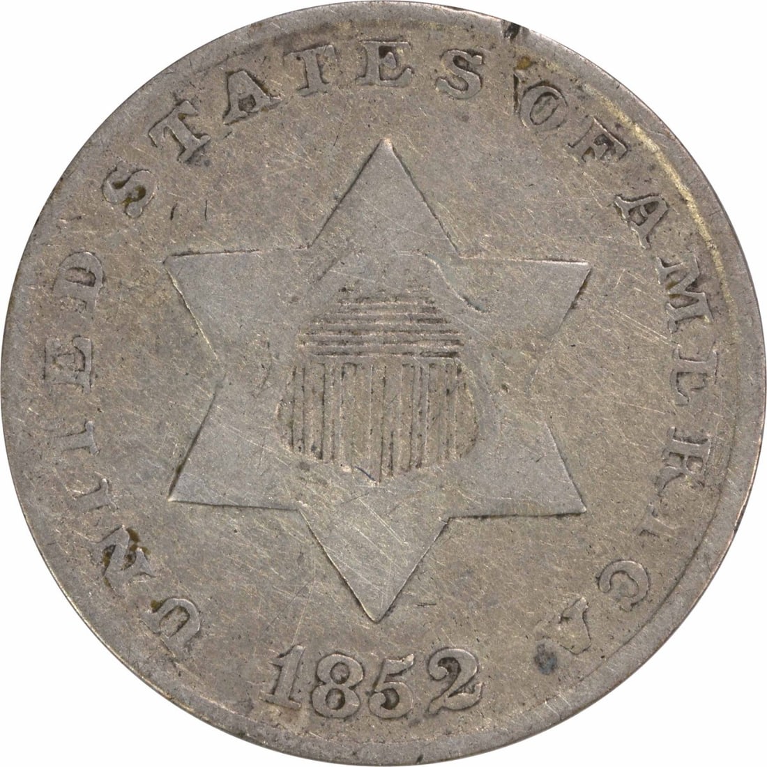 1852 Three Cent Silver Coin F Grade Uncertified: 1852 Three Cent Silver Coin F Grade Uncertified This 1852 Three Cent Silver coin is a remarkable piece of American numismatic history, originating from the Philadelphia mint. Crafted from a compositio