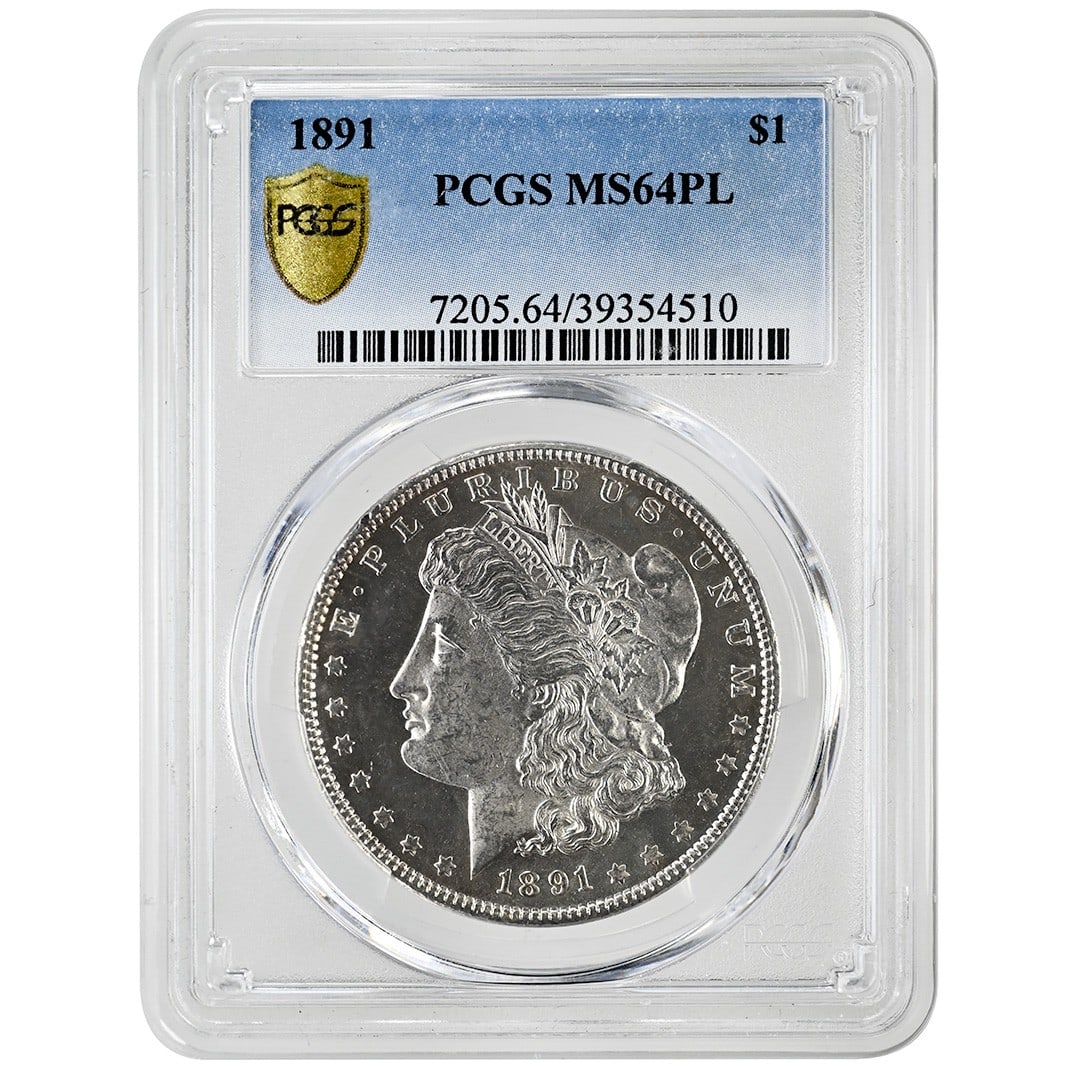 PCGS MS64PL 1891 Morgan Silver Dollar Philadelphia Proof-Like: PCGS MS64PL 1891 Morgan Silver Dollar Philadelphia Proof-Like This 1891 Morgan Dollar is a rare coin graded MS64PL by PCGS. Struck in Philadelphia, it features a proof-like finish and is composed of s