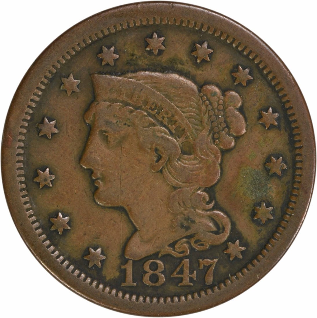 1847 Braided Hair Large Cent VF Copper Coin Uncertified: 1847 Braided Hair Large Cent VF Copper Coin Uncertified This 1847 Large Cent features the iconic Braided Hair design, created by designer Christian Gobrecht. Minted in Philadelphia, this coin is class