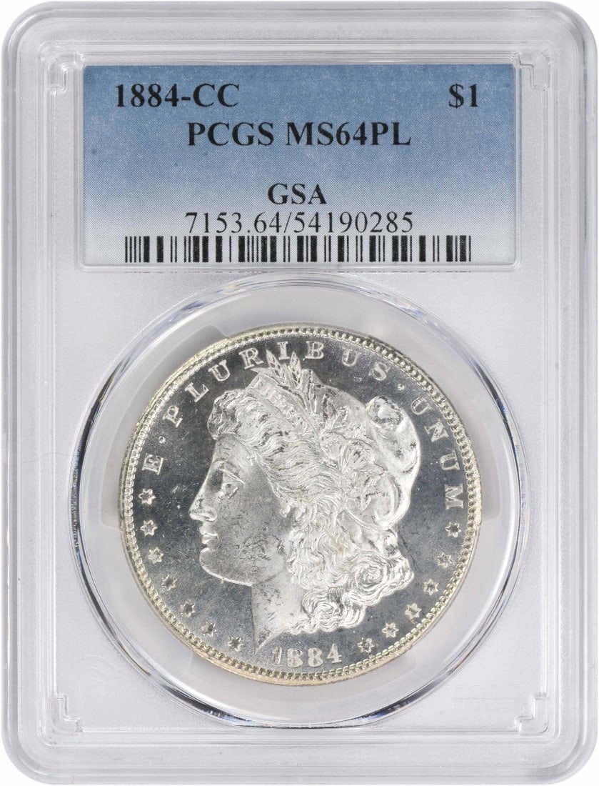 1884 Carson City Morgan Silver Dollar MS64PL PCGS Certified: 1884 Carson City Morgan Silver Dollar MS64PL PCGS Certified This 1884-CC Morgan Silver Dollar is a stunning piece of numismatic history, featuring a grade of MS64PL from PCGS, indicating its premium q
