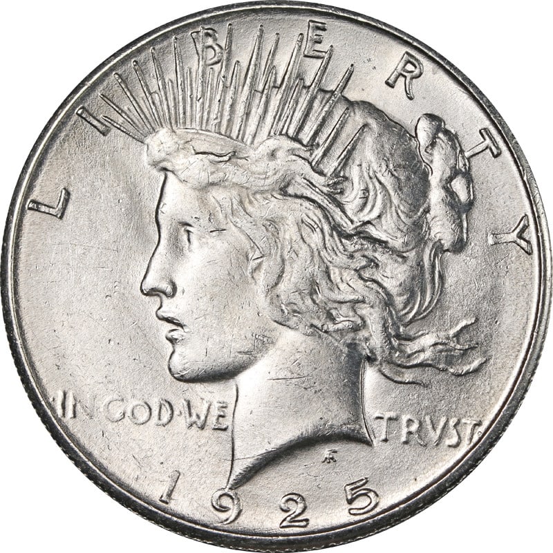 1925 San Francisco Mint Silver Peace Dollar United States Coin: 1925 San Francisco Mint Silver Peace Dollar United States Coin This is a 1925-S Peace Dollar from the United States, composed of silver with a fineness of 0.9. The coin was minted in San Francisco and