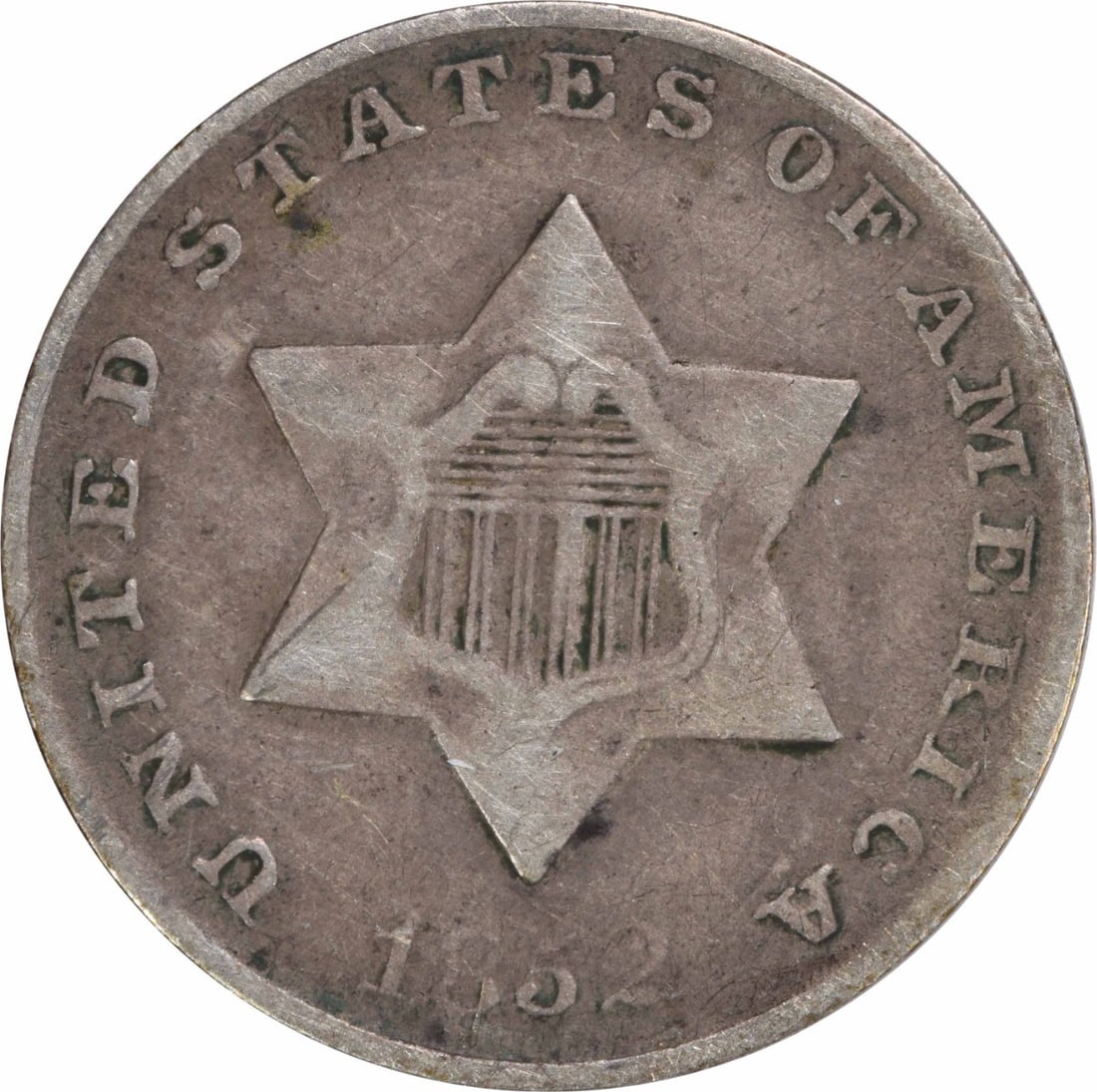 1852 Three Cent Silver Coin F Grade Uncertified USA: 1852 Three Cent Silver Coin F Grade Uncertified USA This 1852 Three Cent Silver coin, minted in Philadelphia, features a Fine (F) grade and is part of a limited mintage of 18,663,500. Crafted from a c