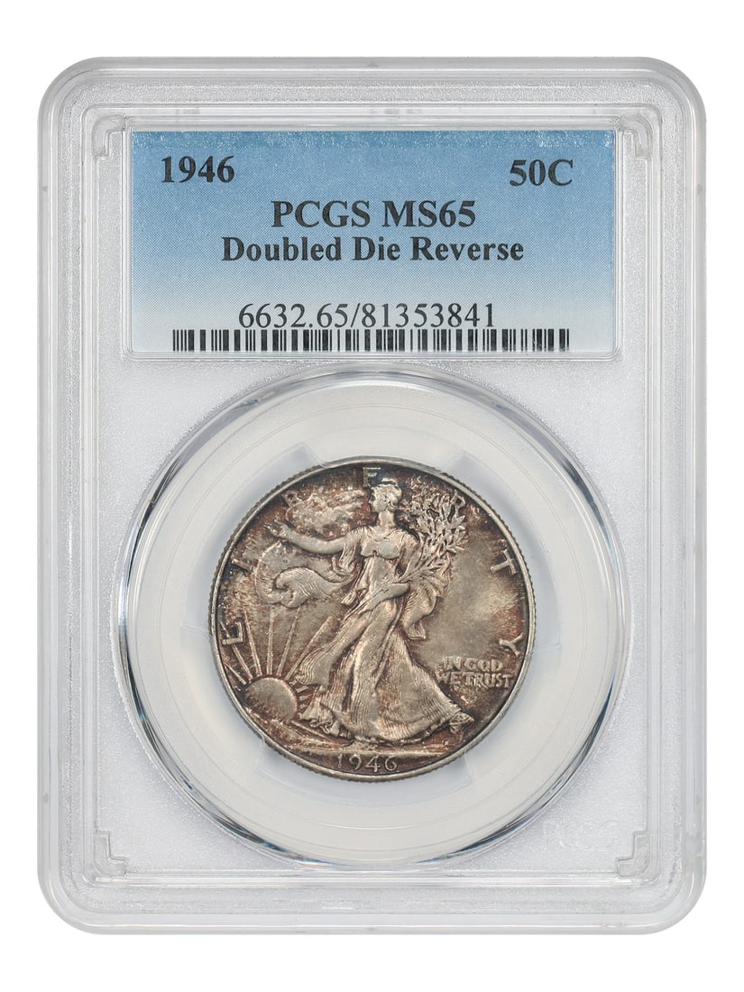 1946 Walking Liberty Half Dollar Doubled Die Reverse PCGS MS65: 1946 Walking Liberty Half Dollar Doubled Die Reverse PCGS MS65 This 1946 Walking Liberty Half Dollar is an uncirculated coin graded MS65 by PCGS. It features the desirable Doubled Die Reverse variety,