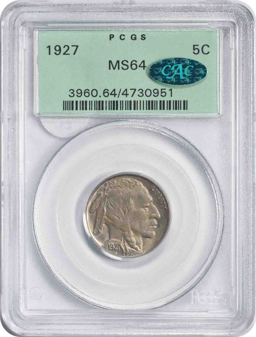 1927 Buffalo Nickel MS64 PCGS OGH CAC Certification: 1927 Buffalo Nickel MS64 PCGS OGH CAC Certification This 1927 Buffalo Nickel is certified by PCGS and graded MS64, indicating it is in uncirculated condition. The coin features no mint mark, which sig