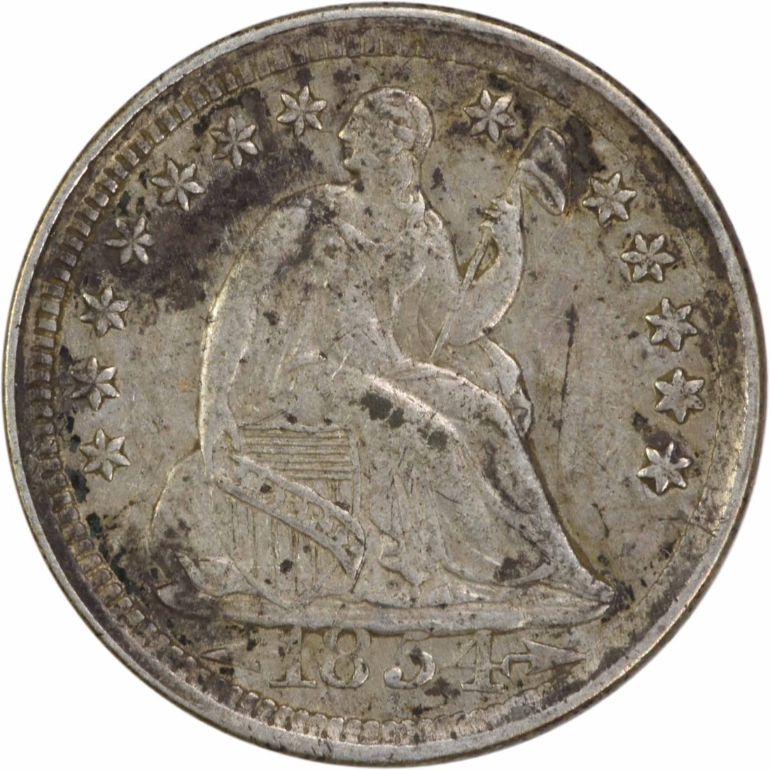 1854 Liberty Seated Half Dime 90% Silver Uncertified: 1854 Liberty Seated Half Dime 90% Silver Uncertified This 1854 Liberty Seated Silver Half Dime features a striking design by Christian Gobrecht. Crafted from 90% silver and 10% copper, this circulated