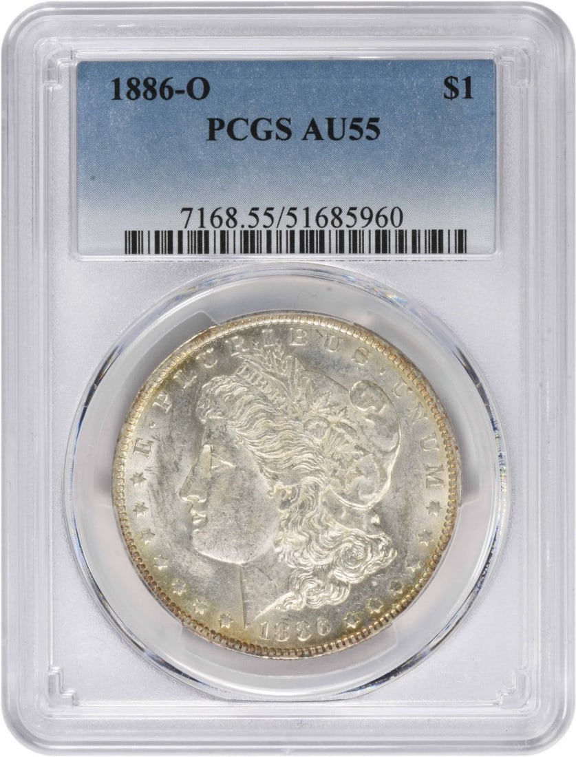 1886-O Morgan Silver Dollar AU55 PCGS New Orleans Coin: 1886-O Morgan Silver Dollar AU55 PCGS New Orleans Coin This 1886-O Morgan Silver Dollar, graded AU55 by PCGS, is a remarkable piece of numismatic history. Struck at the New Orleans mint, this coin fea