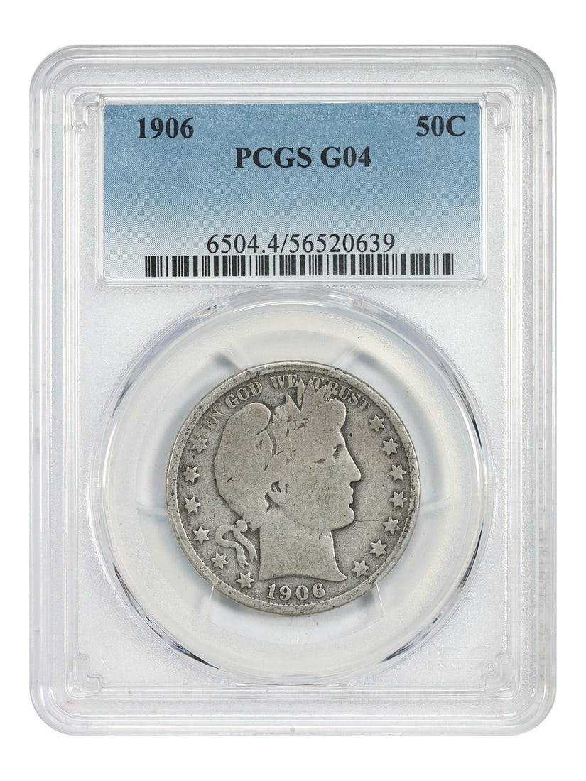 Barber Half Dollar 1906 PCGS Good 04 Philadelphia 50C Coin: Barber Half Dollar 1906 PCGS Good 04 Philadelphia 50C Coin This 1906 Barber Half Dollar is a circulated coin graded Good 04 by PCGS. Struck in Philadelphia, it belongs to the Barber Half Dollar series