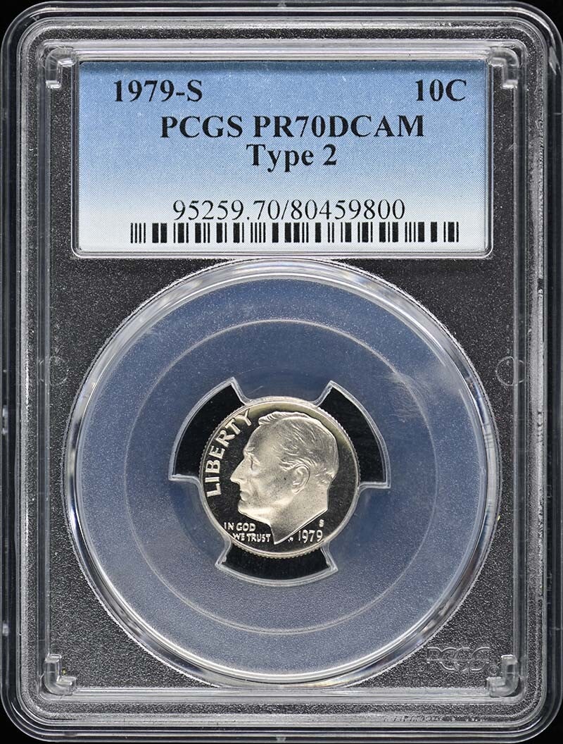 1979-S Roosevelt Dime PCGS PR70DCAM Proof San Francisco: 1979-S Roosevelt Dime PCGS PR70DCAM Proof San Francisco This 1979-S Type 2 Roosevelt Dime is a stunning example of numismatic excellence, graded PR70DCAM by PCGS, indicating a flawless proof with deep