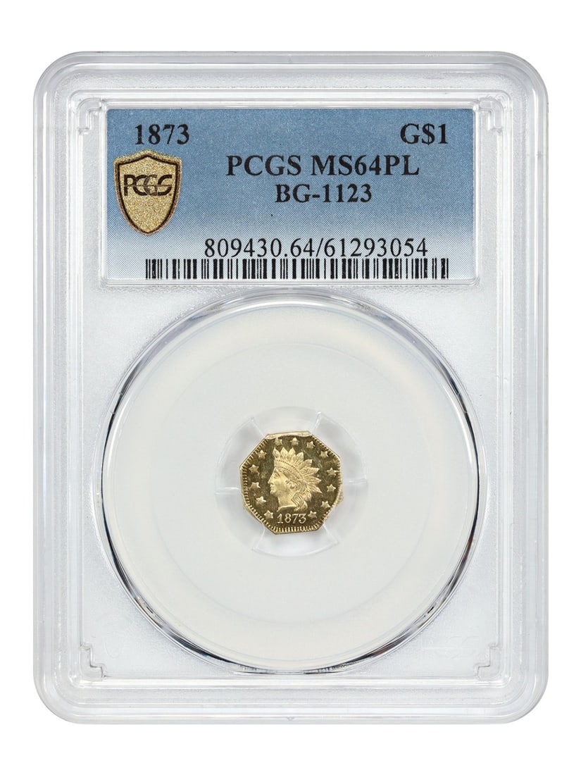 1873 California Fractional Gold Dollar PCGS MS64PL BG-1123: 1873 California Fractional Gold Dollar PCGS MS64PL BG-1123 This 1873 California Fractional Gold $1 coin (BG-1123) is certified by PCGS as MS64PL, denoting a Mint State with prooflike reflective fields