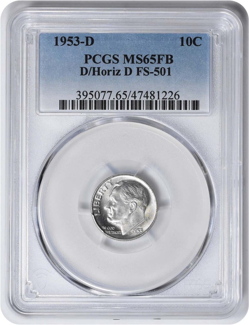 1953-D Roosevelt Silver Dime MS65FB PCGS Denver Mint: 1953-D Roosevelt Silver Dime MS65FB PCGS Denver Mint This 1953-D Roosevelt Silver Dime is an impressive piece of numismatic history, graded MS65FB by PCGS, indicating its exceptional quality and eye a