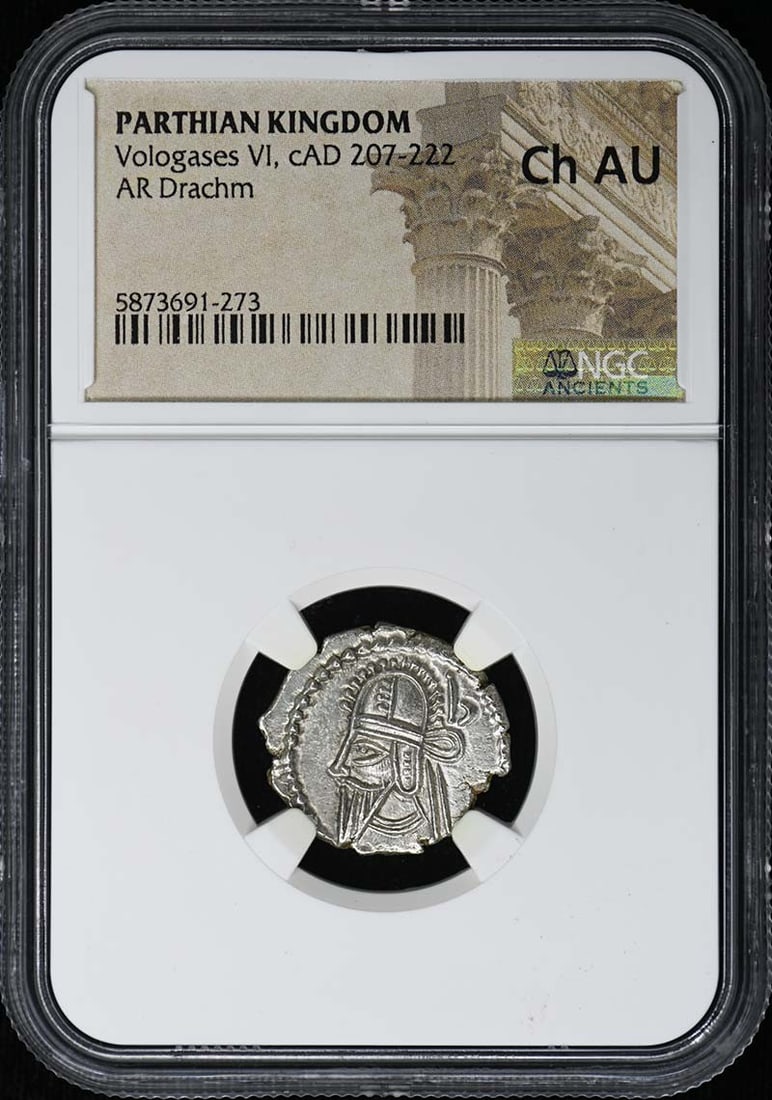 Parthian Kingdom Silver Drachm Vologases VI NGC Choice AU Certified: Parthian Kingdom Silver Drachm Vologases VI NGC Choice AU Certified This AR Drachm coin from the Parthian Kingdom dates to the reign of Vologases VI, circa AD 207-222. The coin is certified by NGC wit