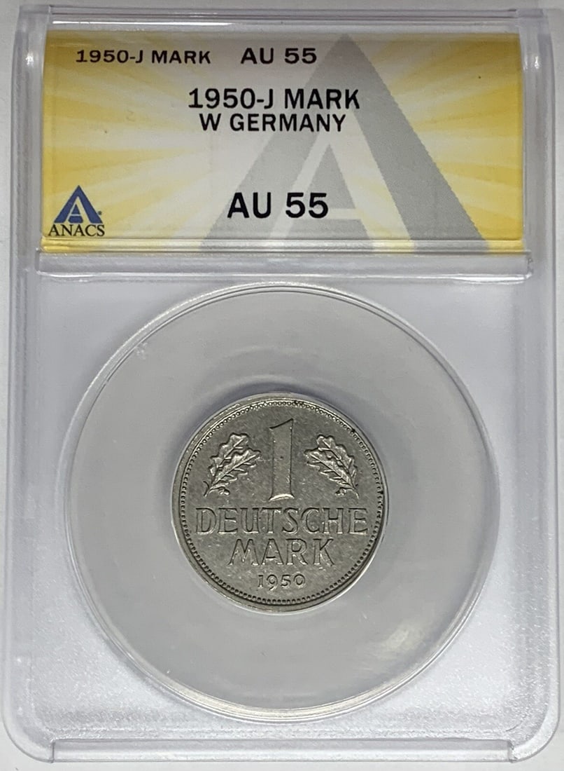 ANACS AU 55 Certified 1950-J West Germany 1 Mark Coin: ANACS AU 55 Certified 1950-J West Germany 1 Mark Coin This 1950-J Germany 1 Mark coin is certified by ANACS with a grade of AU 55, indicating it is in about uncirculated condition. Originating from We