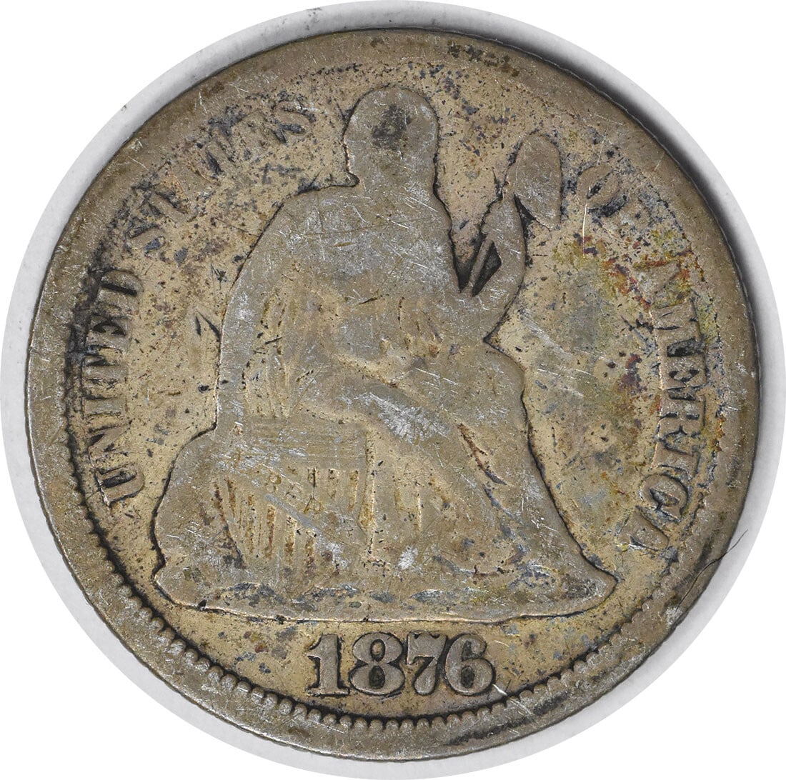 1876-CC Liberty Seated Silver Dime 10C Gobrecht Design Uncertified: 1876-CC Liberty Seated Silver Dime 10C Gobrecht Design Uncertified This 1876-CC Liberty Seated Silver Dime features a design by Christian Gobrecht, showcasing the iconic Seated Liberty motif. It is a 