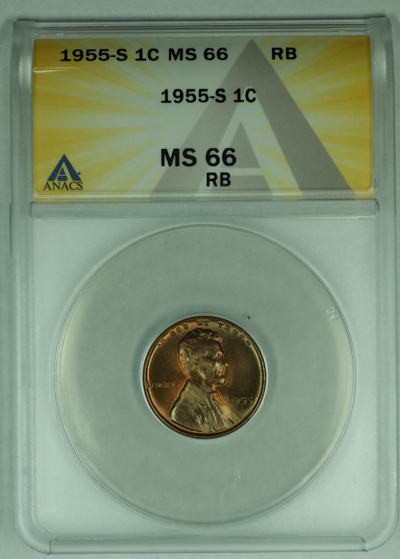 ANACS MS 66 RB 1955-S Lincoln Wheat Cent One Cent Coin: ANACS MS 66 RB 1955-S Lincoln Wheat Cent One Cent Coin This 1955-S Lincoln Wheat Cent 1C coin is certified by ANACS with a grade of MS 66 RB. The coin is uncirculated and features a red-brown (RB) col