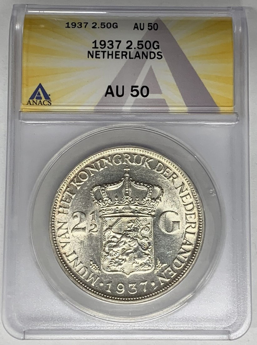 1937 Silver 2.50 Gulden Netherlands Coin Graded AU 50 by ANACS: 1937 Silver 2.50 Gulden Netherlands Coin Graded AU 50 by ANACS This is a 1937 2.50 Gulden coin from the Netherlands, certified by ANACS with a grade of AU 50. The coin is composed of silver and is in 