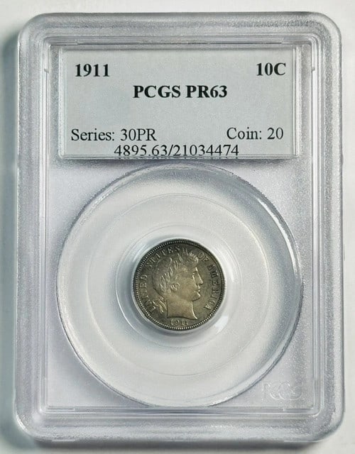 1911 Philadelphia Proof Silver Dime PCGS PR63: 1911 Philadelphia Proof Silver Dime PCGS PR63 This 1911 Barber Dime is a proof coin graded PR-63 by PCGS. Struck in Philadelphia and composed of silver, it features an uncirculated condition and has b