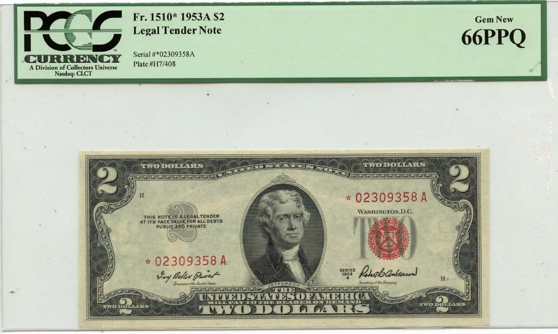 1953A $2 Legal Tender Star Note PCGS MS66 Gem Quality: 1953A $2 Legal Tender Star Note PCGS MS66 Gem Quality This 1953A $2 Legal Tender Star Note is certified by PCGS Currency with a Gem 66 PPQ grade, indicating its pristine condition. It is a rare collec