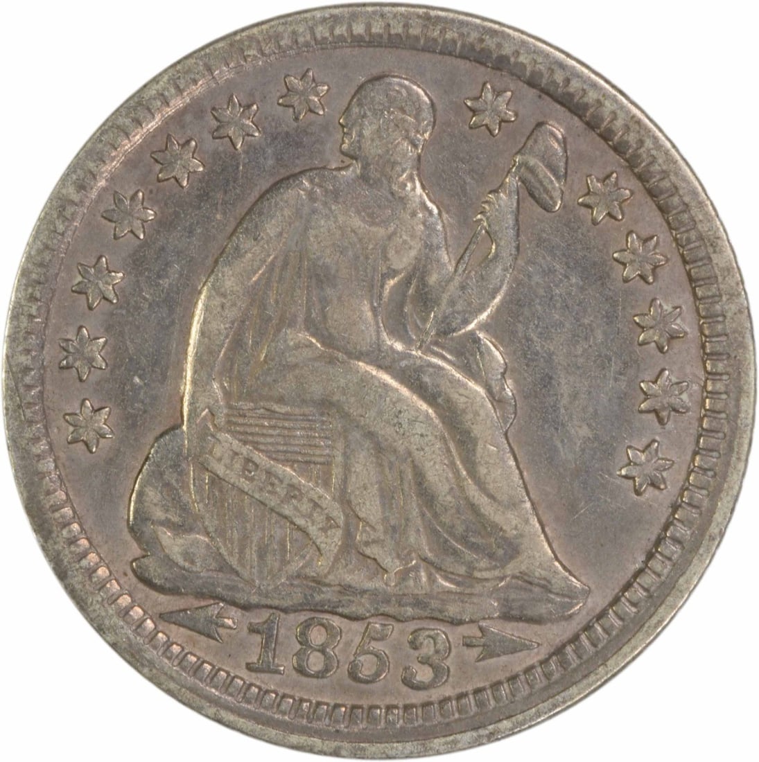 1853 Liberty Seated Half Dime 90% Silver Arrows Uncertified: 1853 Liberty Seated Half Dime 90% Silver Arrows Uncertified This 1853 Liberty Seated Silver Half Dime features a classic design by Christian Gobrecht, showcasing the seated liberty motif. Struck at th