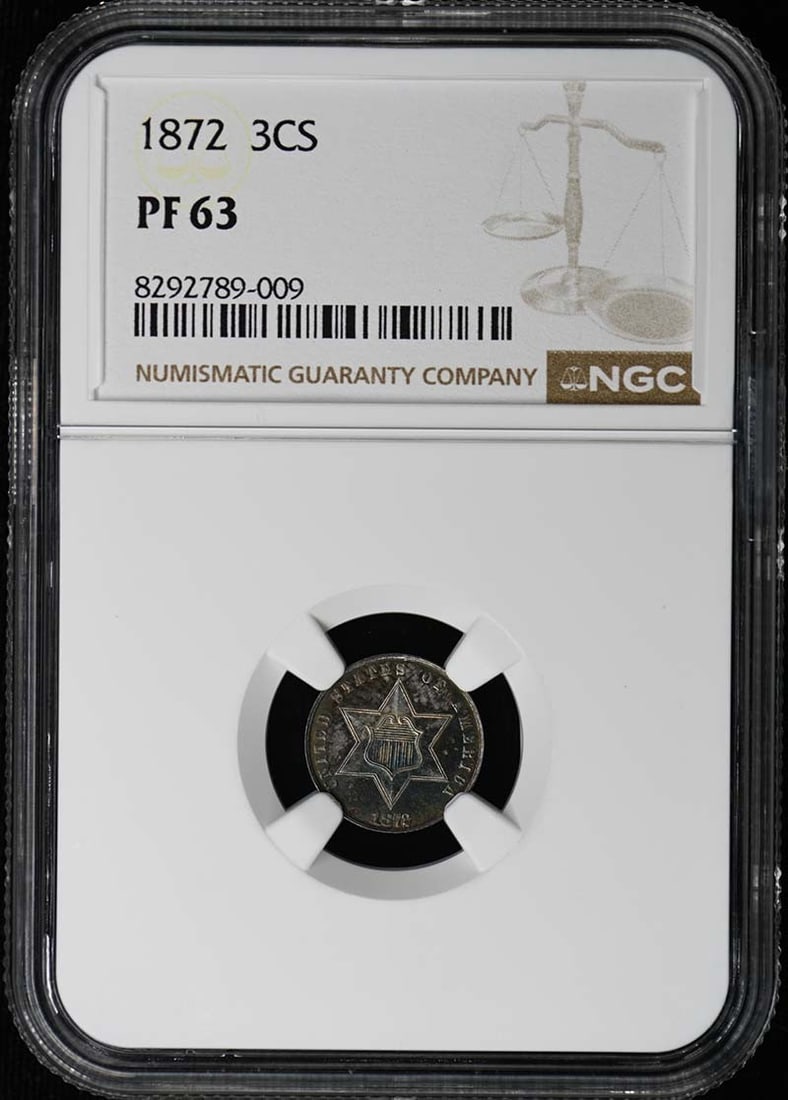 NGC PR63 1872 Silver Three Cent Proof Coin: NGC PR63 1872 Silver Three Cent Proof Coin This 1872 Three Cent Silver Piece is a Type 3 coin graded PR63 by NGC. It is an uncirculated proof strike from the Philadelphia Mint and originates from the 