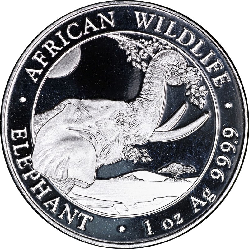 2023 Silver Somalian Elephant 1 oz BU Coin: 2023 Silver Somalian Elephant 1 oz BU Coin This is a 2023 Somalia 1 ounce silver coin featuring a single large elephant and the coat of arms of Somalia. Minted with a fineness of 0.9999, this Brillian
