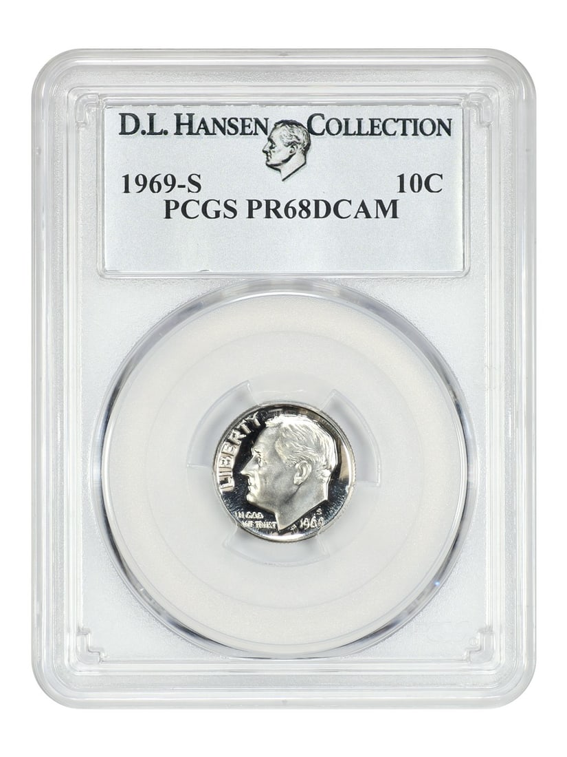PCGS PR68DCAM 1969-S Roosevelt Dime Deep Cameo Proof ex D L Hansen: PCGS PR68DCAM 1969-S Roosevelt Dime Deep Cameo Proof ex D L Hansen This is a 1969-S Roosevelt Dime graded PR68 Deep Cameo (DCAM) by PCGS, originating from the San Francisco Mint. The coin is uncircula