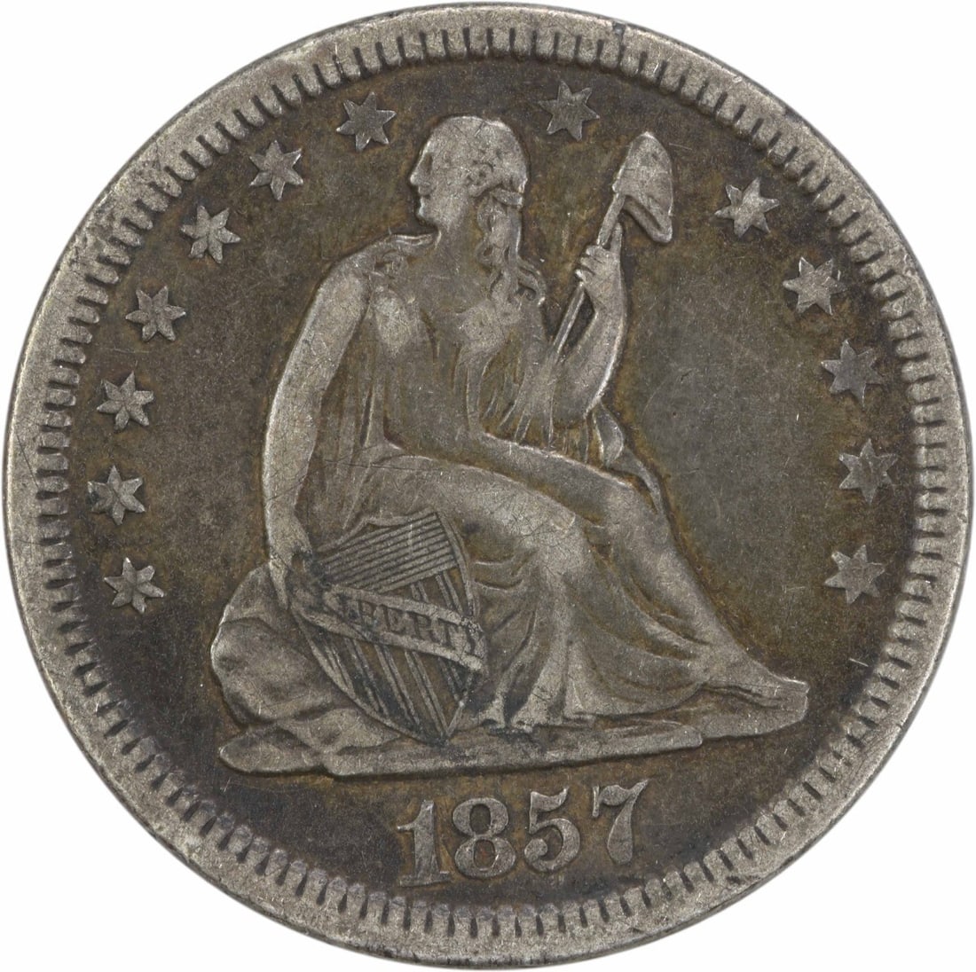 1857 Liberty Seated Quarter 25C VF Uncertified Philadelphia: 1857 Liberty Seated Quarter 25C VF Uncertified Philadelphia This 1857 Liberty Seated Quarter is a captivating piece of American numismatic history. Struck in Philadelphia, this circulated coin feature