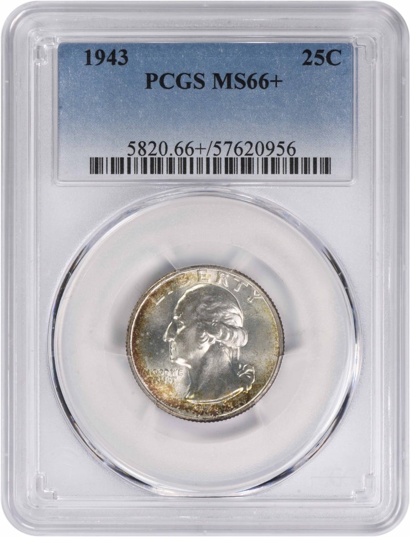 1943 Washington Silver Quarter MS66 PCGS 90% Silver Uncirculated: 1943 Washington Silver Quarter MS66 PCGS 90% Silver Uncirculated This 1943 Washington Silver Quarter, graded MS66+ by PCGS, showcases remarkable quality and detail. Minted in Philadelphia, this uncirc