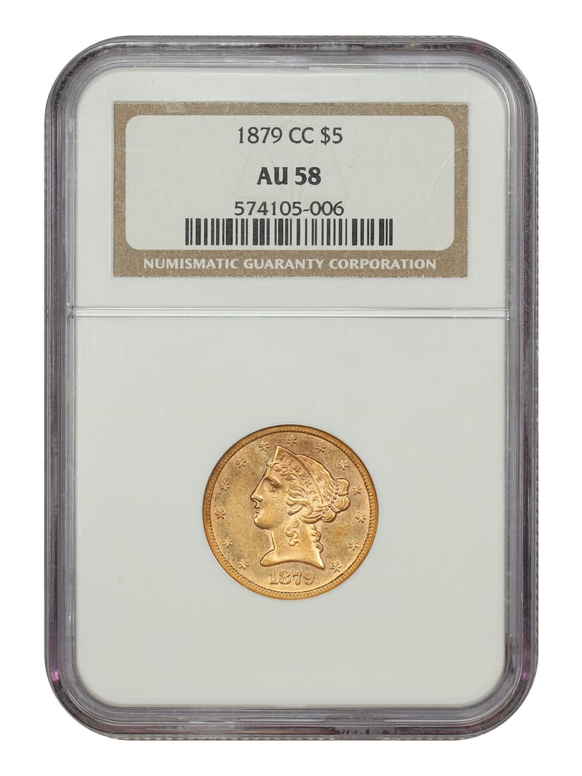 1879-CC NGC AU58 Liberty Head $5 Gold Coin Low Mintage: 1879-CC NGC AU58 Liberty Head $5 Gold Coin Low Mintage This 1879-CC Liberty Head $5 gold coin is graded NGC AU58, showcasing its circulated condition with a striking appeal. The coin features lovely b