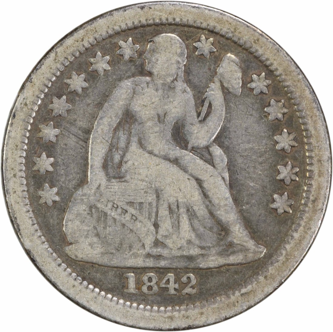 1842-O Liberty Seated Silver Dime VG Uncertified 10C: 1842-O Liberty Seated Silver Dime VG Uncertified 10C This 1842-O Liberty Seated Silver Dime is a notable piece of numismatic history, minted in New Orleans. It features the classic design by Christian