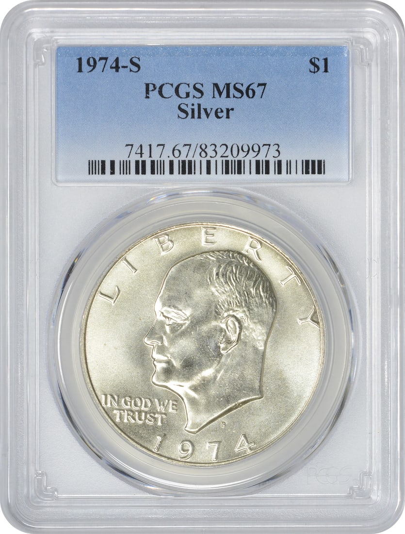 PCGS MS67 1974-S Silver Eisenhower Dollar Mint State Coin: PCGS MS67 1974-S Silver Eisenhower Dollar Mint State Coin This 1974-S Eisenhower Dollar coin is composed of silver and graded MS67 by PCGS, indicating a high-quality, uncirculated condition. It was mi